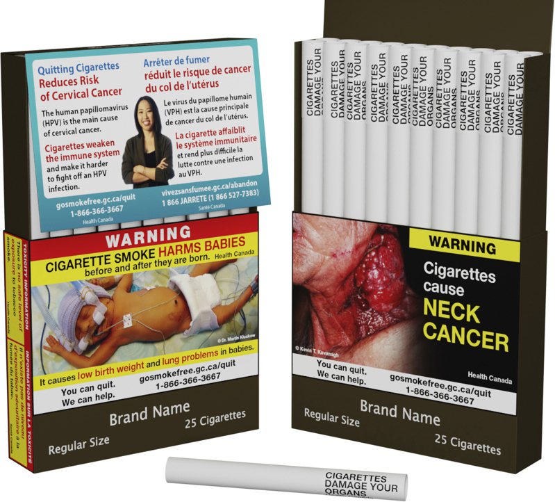 加拿大要求業者把「香菸會導致白血病」和「每一口都有毒」等健康警語直接印在每支香菸上。（美聯社）