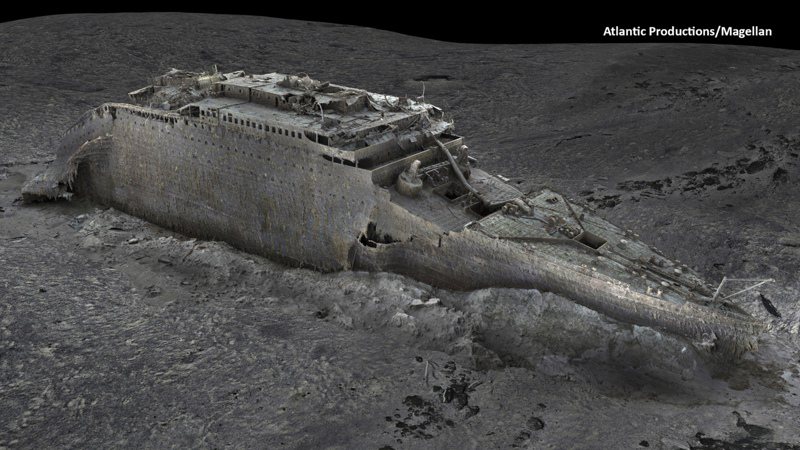 上月公布的一張圖像顯示，利用深海測繪技術繪製的鐵達尼號，大致完整的船身坐在海床上。(美聯社)
