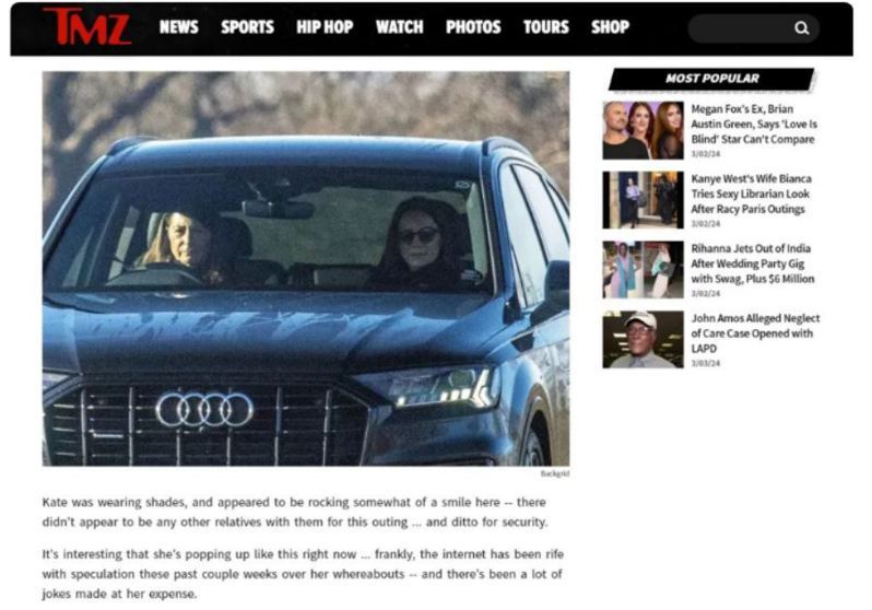 媒體在溫莎城堡外直擊英國凱特王妃最新身影，由母親開車、坐在副駕的凱特(右)戴著墨鏡，臉上一抹淺淺笑意，打破外界對於她病後神隱的諸多揣測。(取材自Ｘ平台)