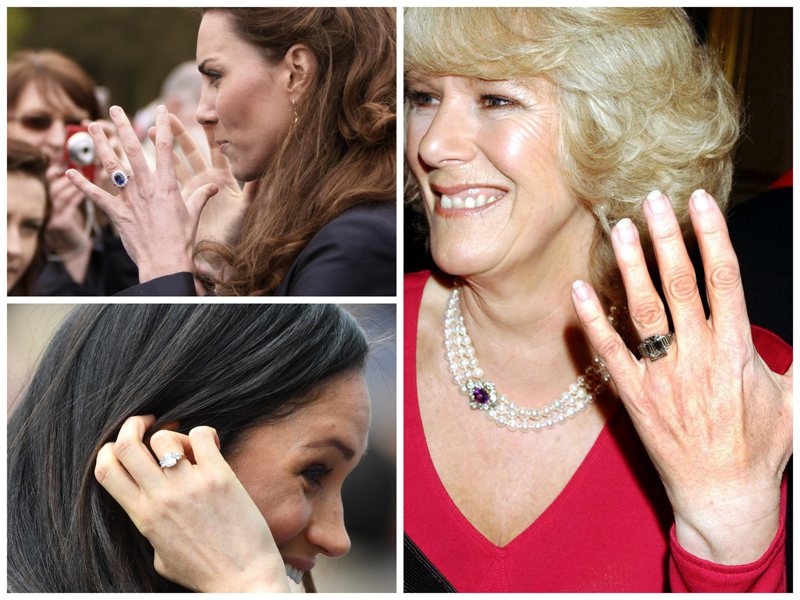 英國媒體回顧查理三世向卡蜜拉（右）求婚，以及威廉向凱特（左上）、哈利向梅根（左下）求婚，都是從母親珠寶收藏中挑選戒指。（路透／PA Images）